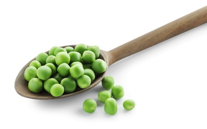 Photo of Spoon with fresh green peas isolated on white