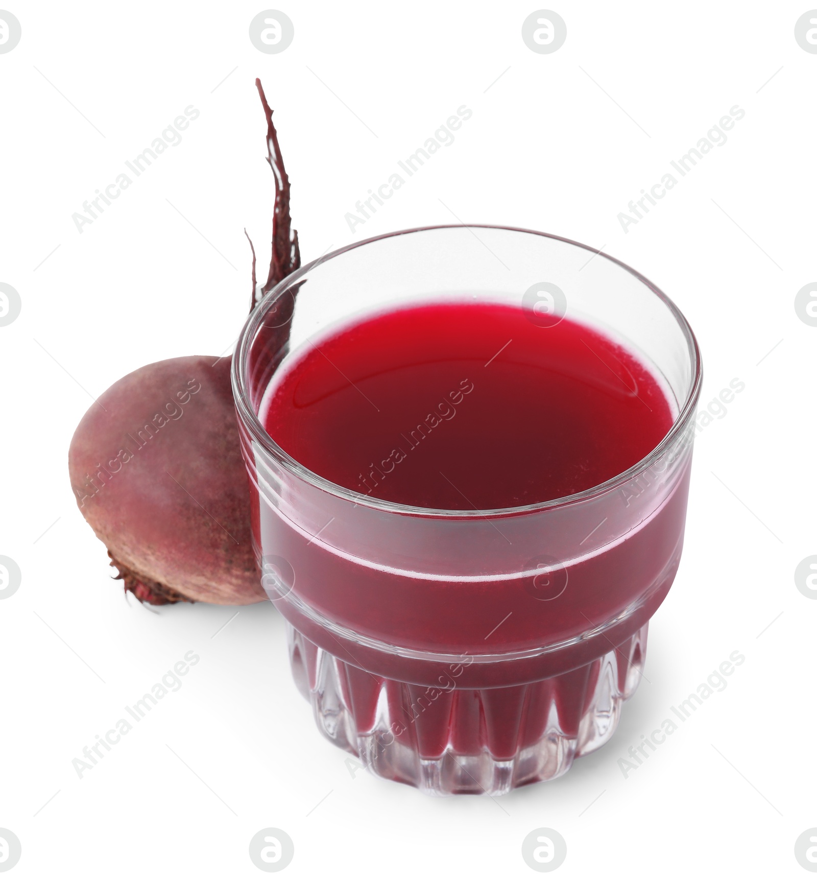 Photo of Fresh beet juice in glass and ripe vegetable isolated on white