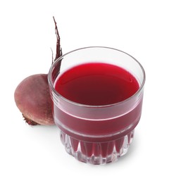 Photo of Fresh beet juice in glass and ripe vegetable isolated on white