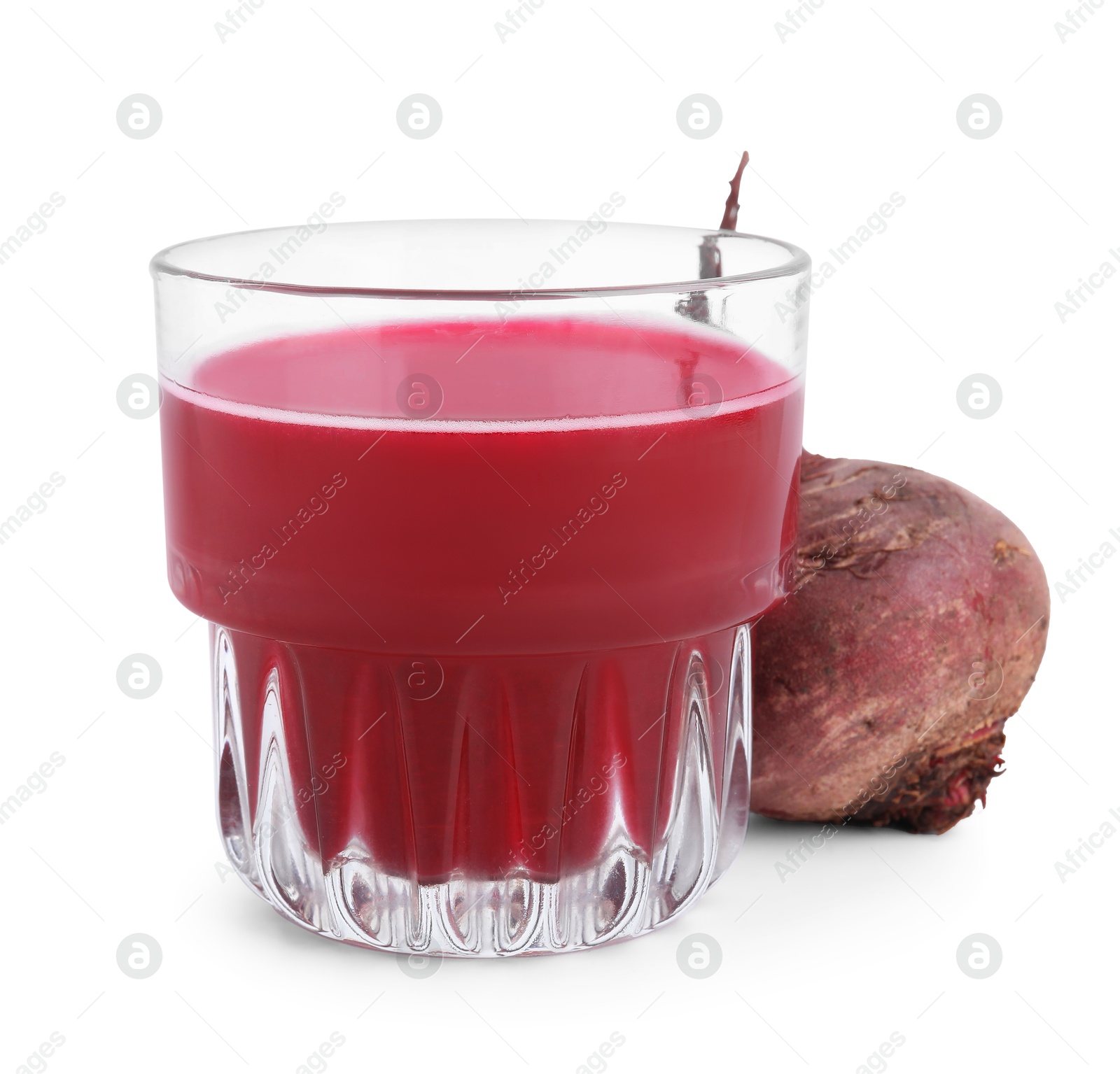 Photo of Fresh beet juice in glass and ripe vegetable isolated on white