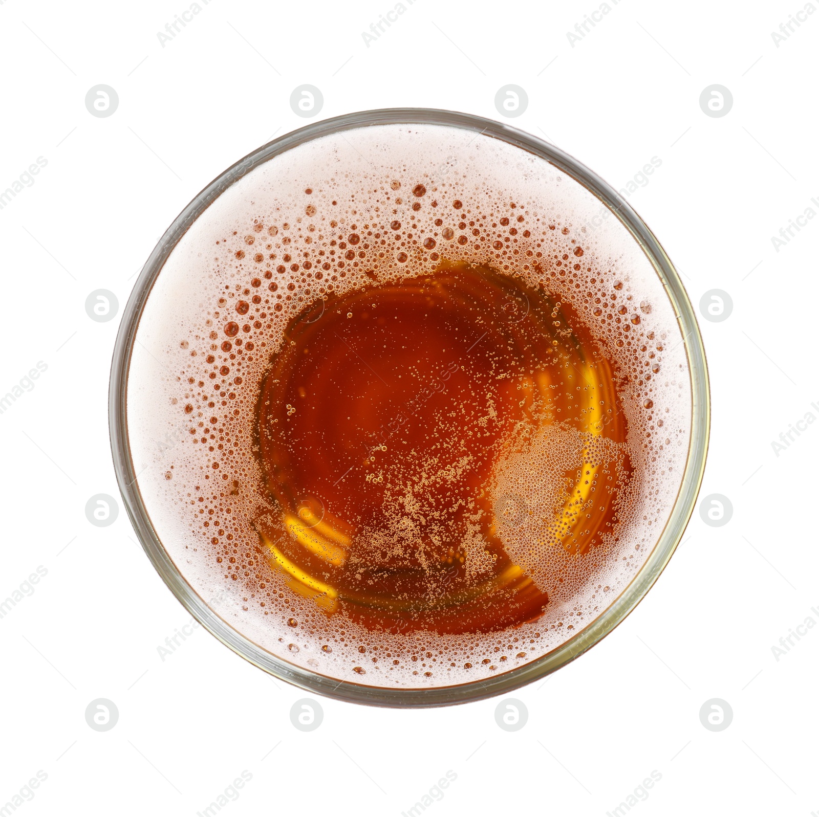 Photo of Glass of light beer isolated on white, top view