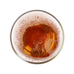 Photo of Glass of light beer isolated on white, top view