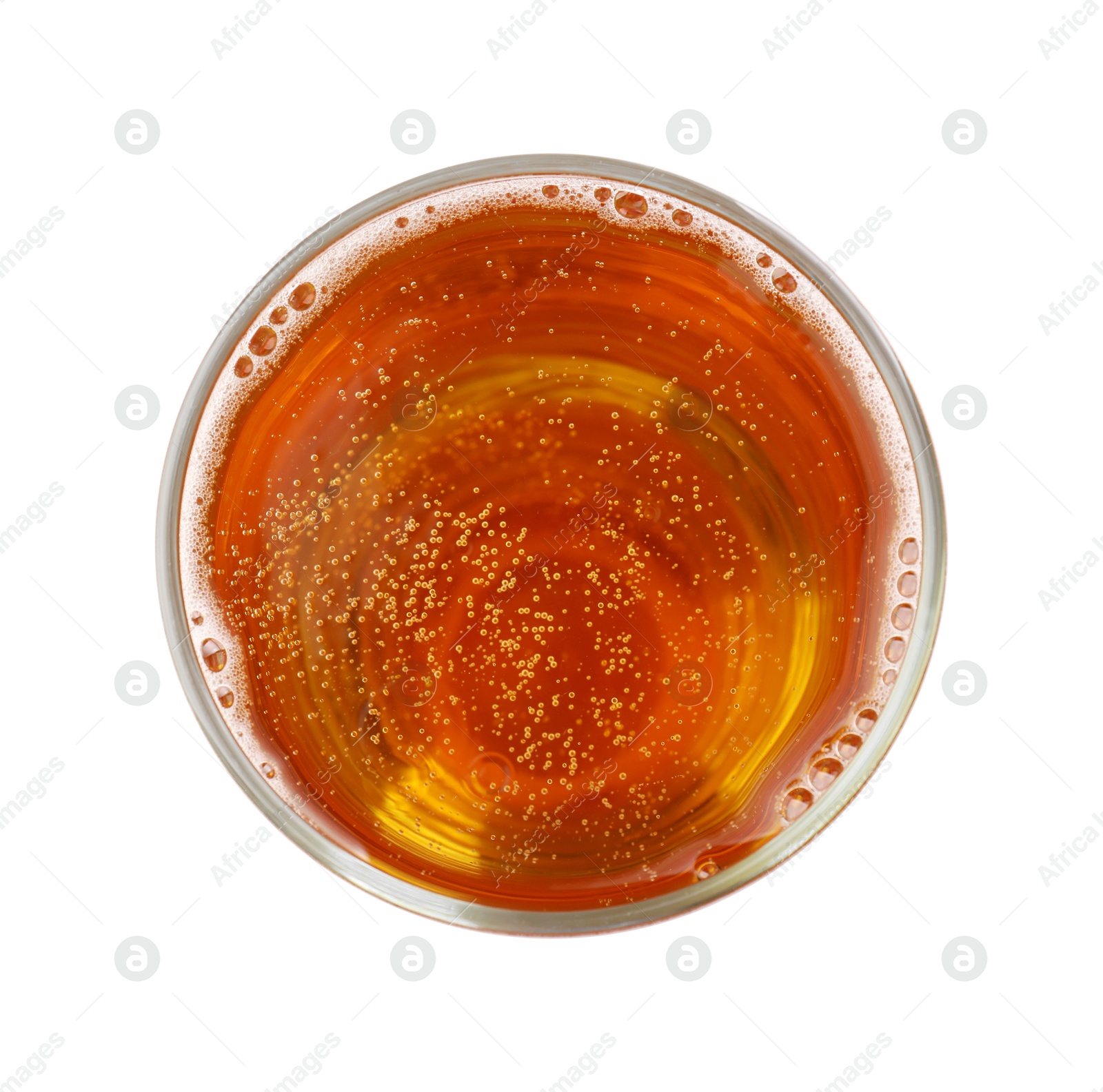 Photo of Glass of light beer isolated on white, top view