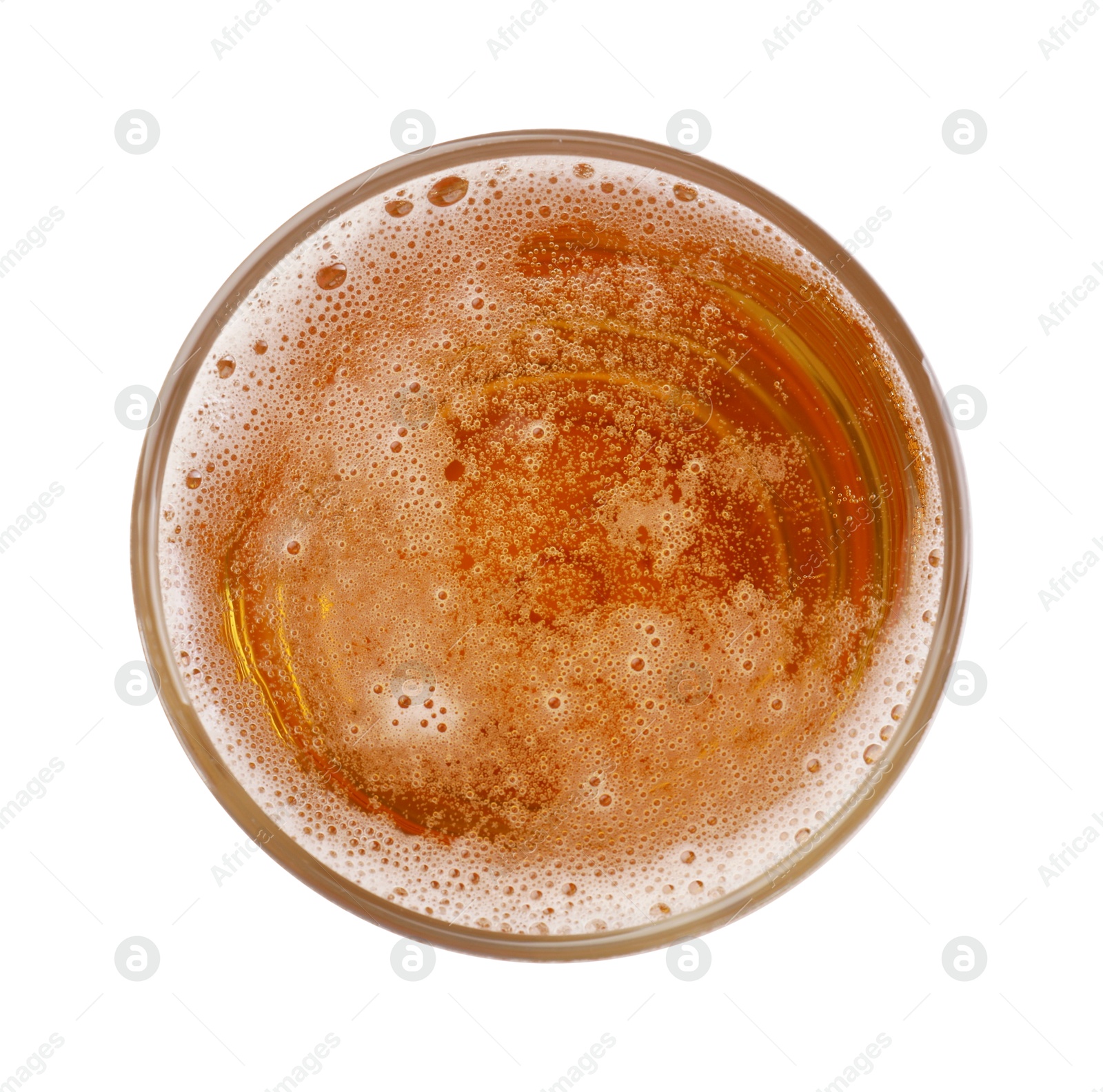 Photo of Glass of light beer isolated on white, top view