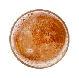 Photo of Glass of light beer isolated on white, top view