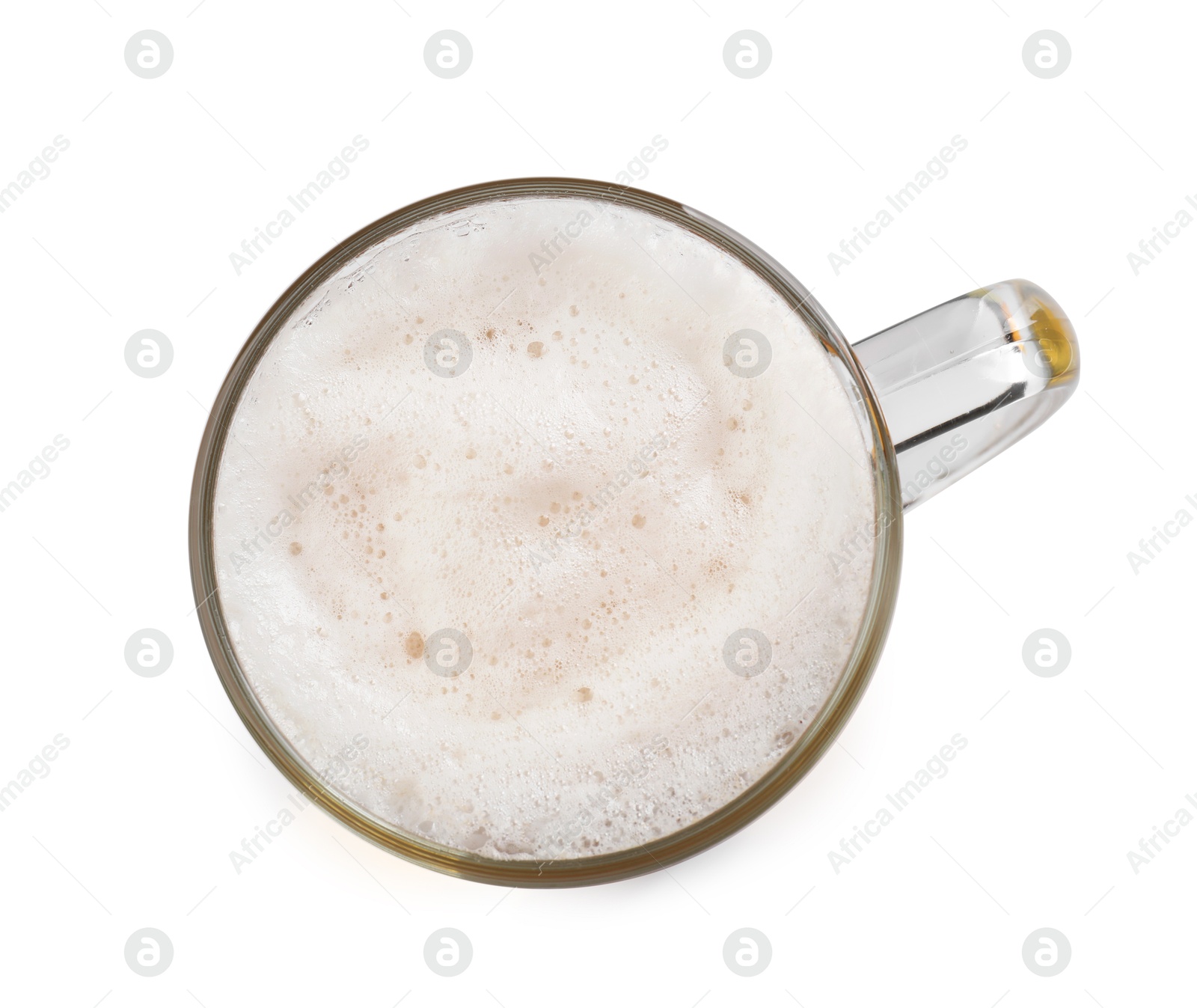 Photo of Glass mug of beer isolated on white, top view