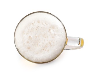 Photo of Glass mug of beer isolated on white, top view