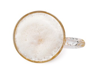 Photo of Glass mug of beer isolated on white, top view