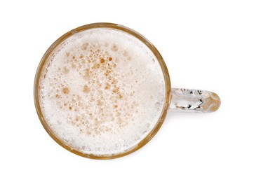 Photo of Glass mug of beer isolated on white, top view