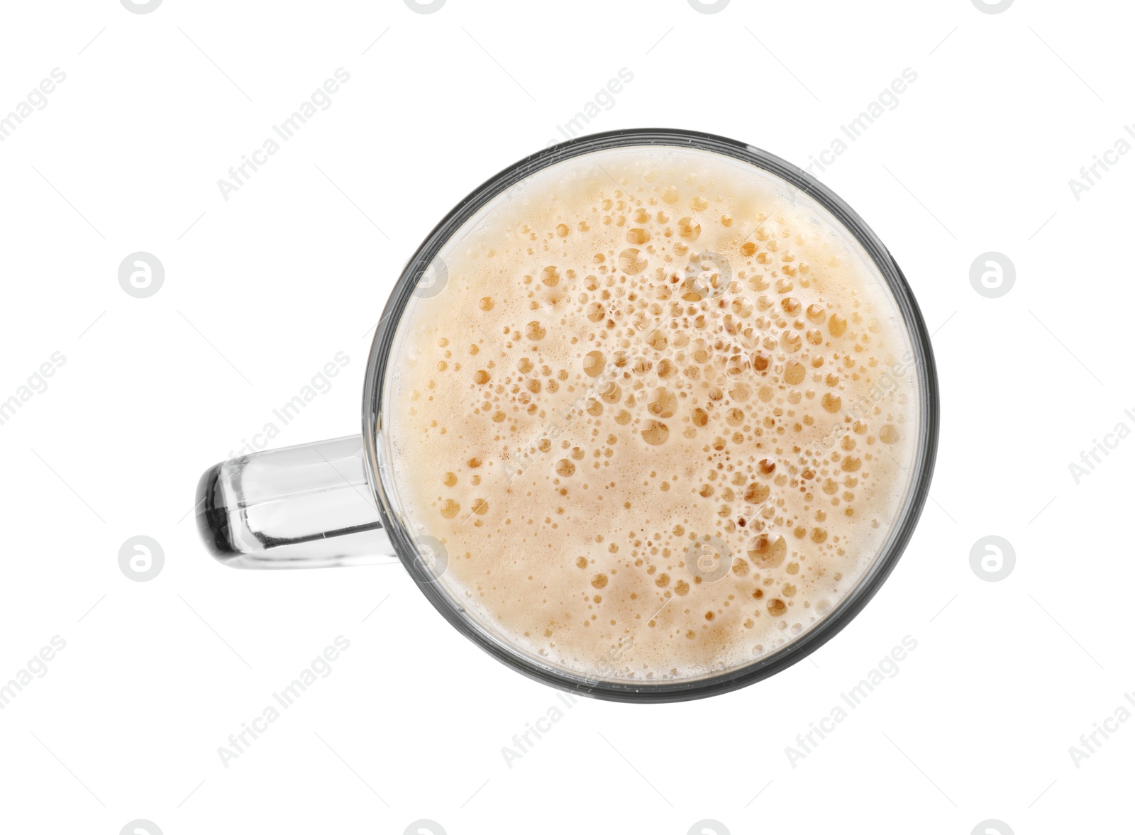 Photo of Glass mug of beer isolated on white, top view