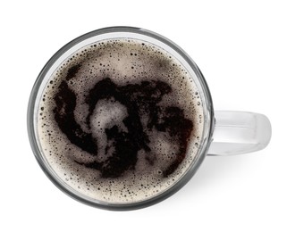 Glass mug of dark beer isolated on white, top view