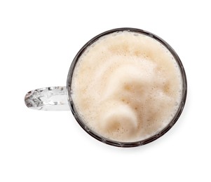 Glass mug of beer isolated on white, top view