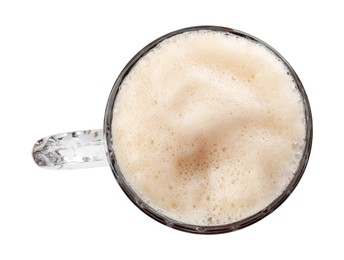 Glass mug of beer isolated on white, top view