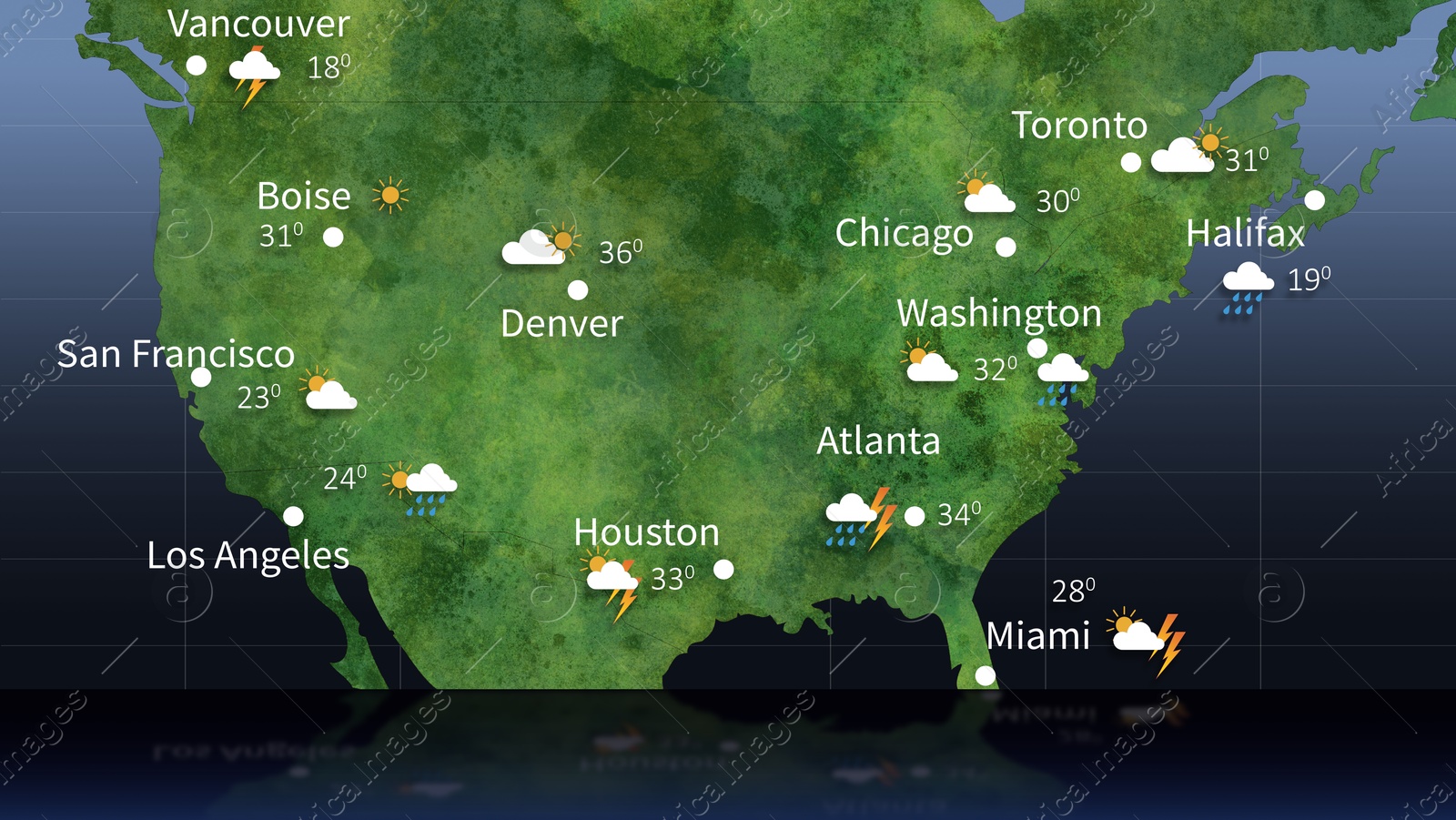 Image of Weather forecast shown on map of USA. illustration with city names, temperature data and weather condition icons