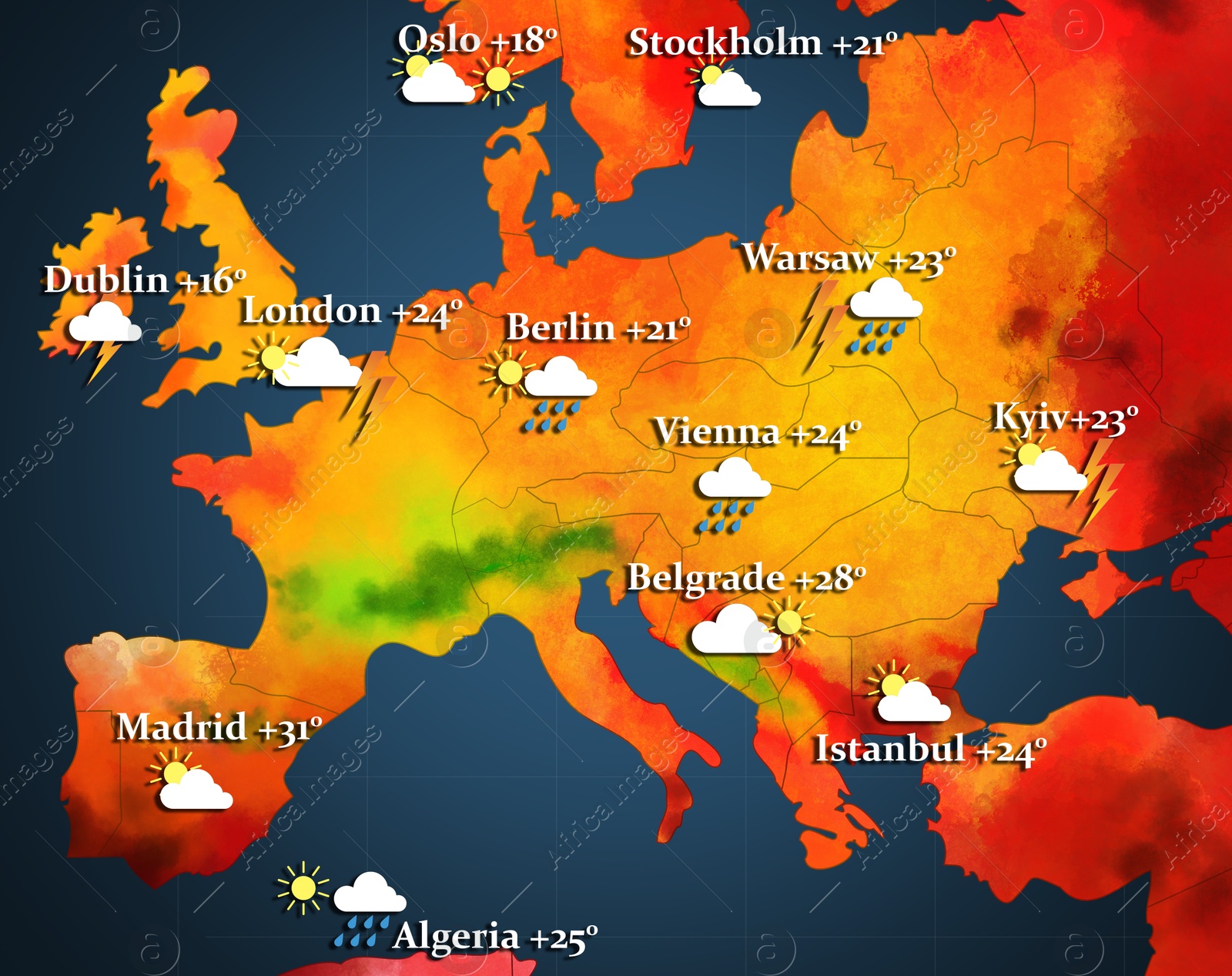 Image of Weather forecast shown on map of Europe. illustration with city names, temperature data and weather condition icons