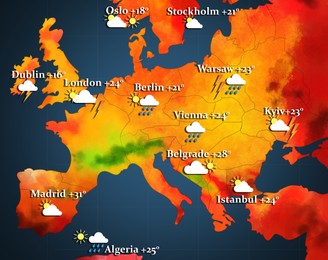 Image of Weather forecast shown on map of Europe. illustration with city names, temperature data and weather condition icons