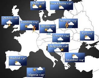 Weather forecast shown on map of Europe. illustration with city names, temperature data and weather condition icons