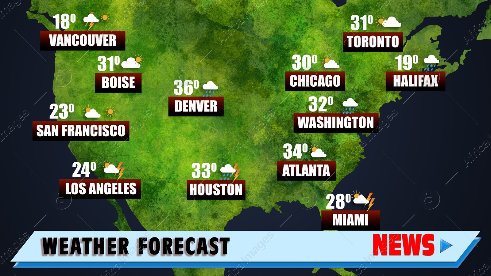 Image of Weather forecast shown on map of USA. illustration with city names, temperature data and weather condition icons