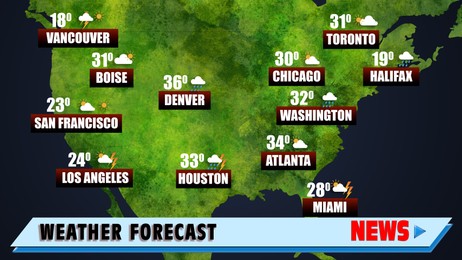 Image of Weather forecast shown on map of USA. illustration with city names, temperature data and weather condition icons