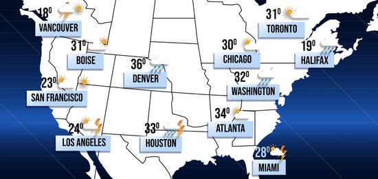 Image of Weather forecast shown on map of USA. illustration with city names, temperature data and weather condition icons