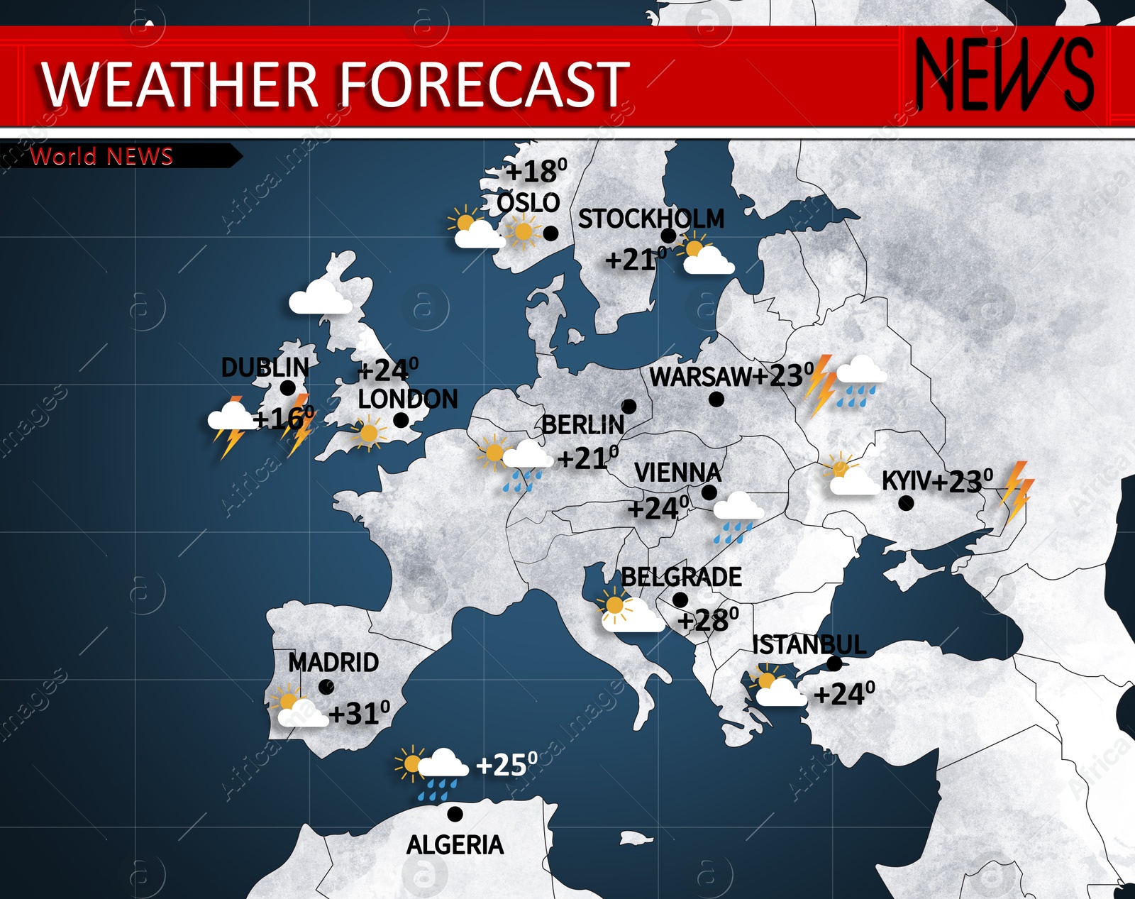 Image of Weather forecast shown on map of Europe. illustration with city names, temperature data and weather condition icons