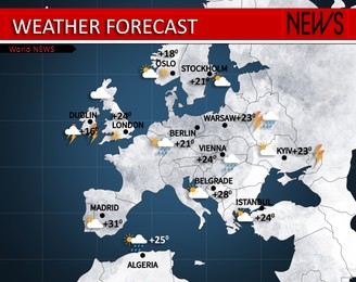 Image of Weather forecast shown on map of Europe. illustration with city names, temperature data and weather condition icons