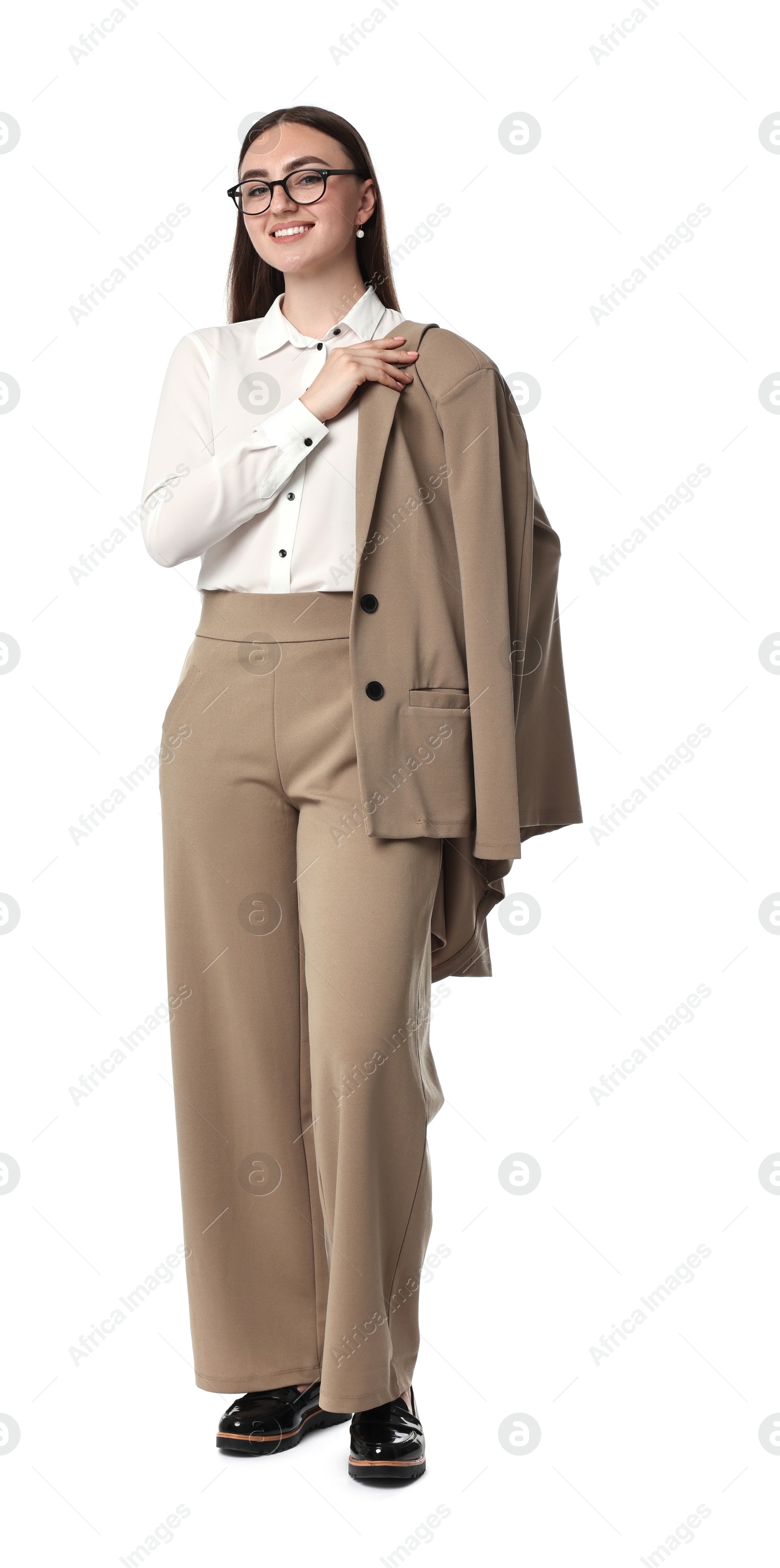 Photo of Beautiful woman in beige suit and glasses on white background