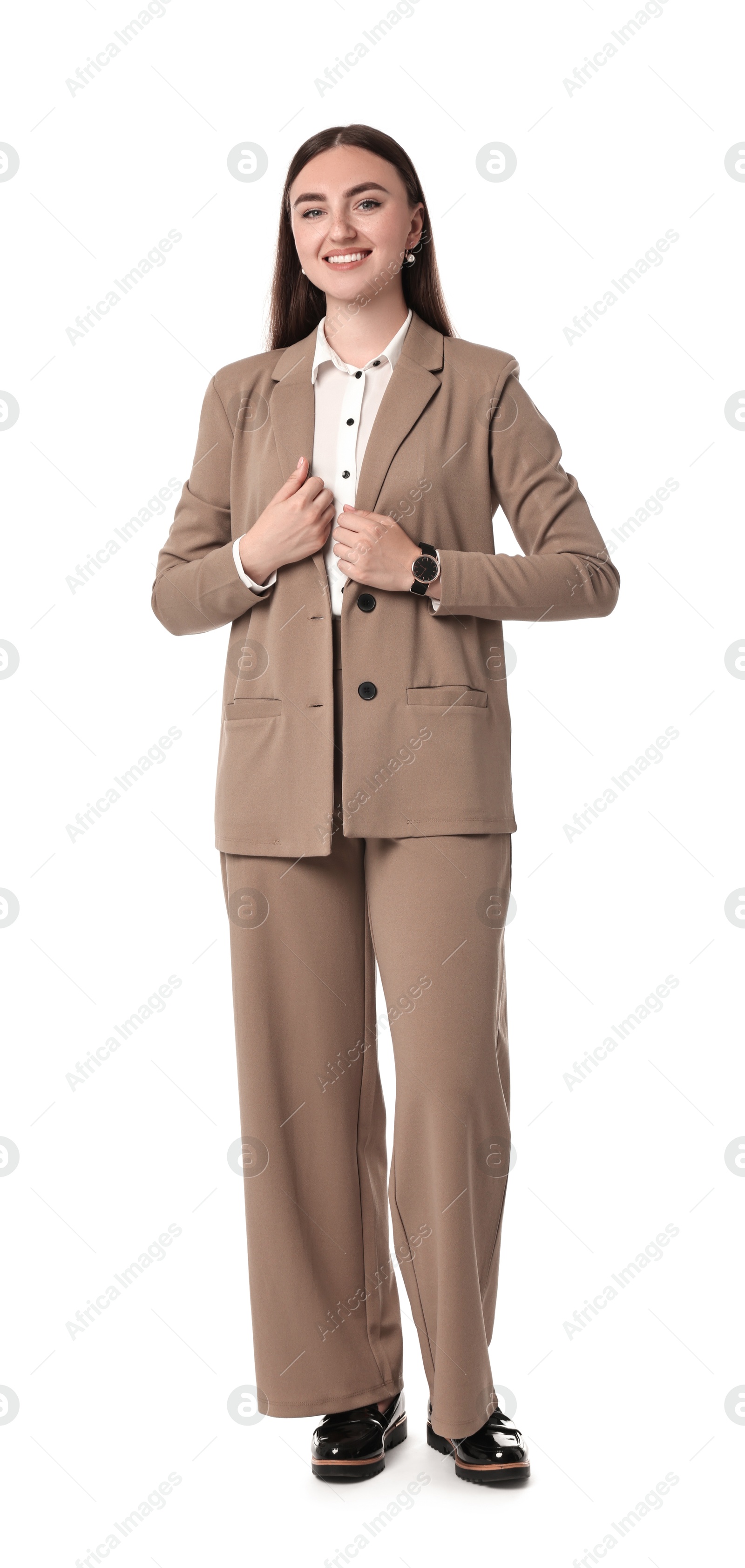 Photo of Beautiful woman in beige suit on white background