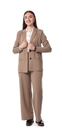 Photo of Beautiful woman in beige suit on white background