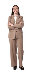 Beautiful woman in beige suit on white background