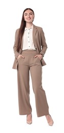 Photo of Beautiful woman in beige suit on white background