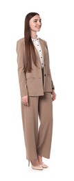 Beautiful woman in beige suit on white background