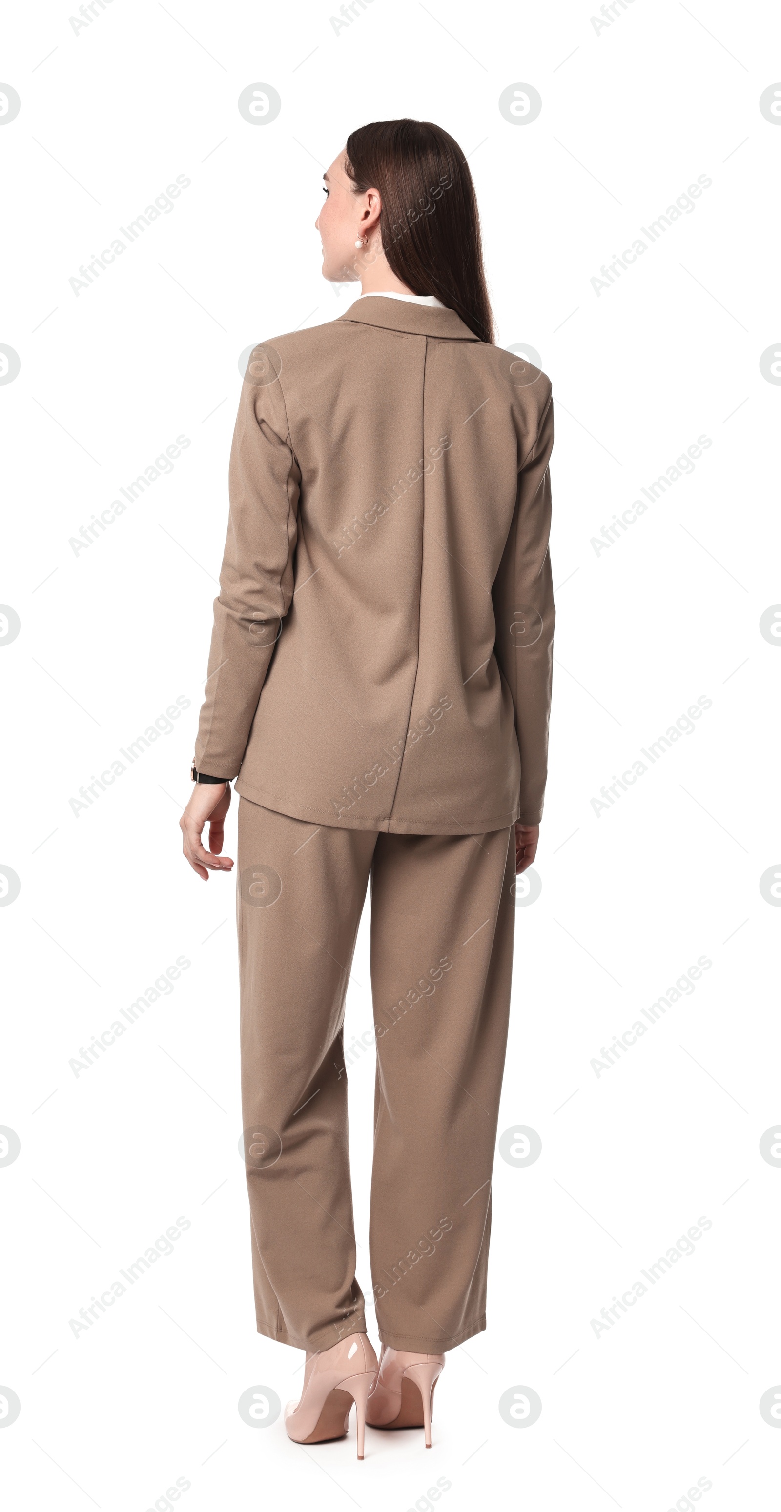 Photo of Woman in beige suit on white background, back view