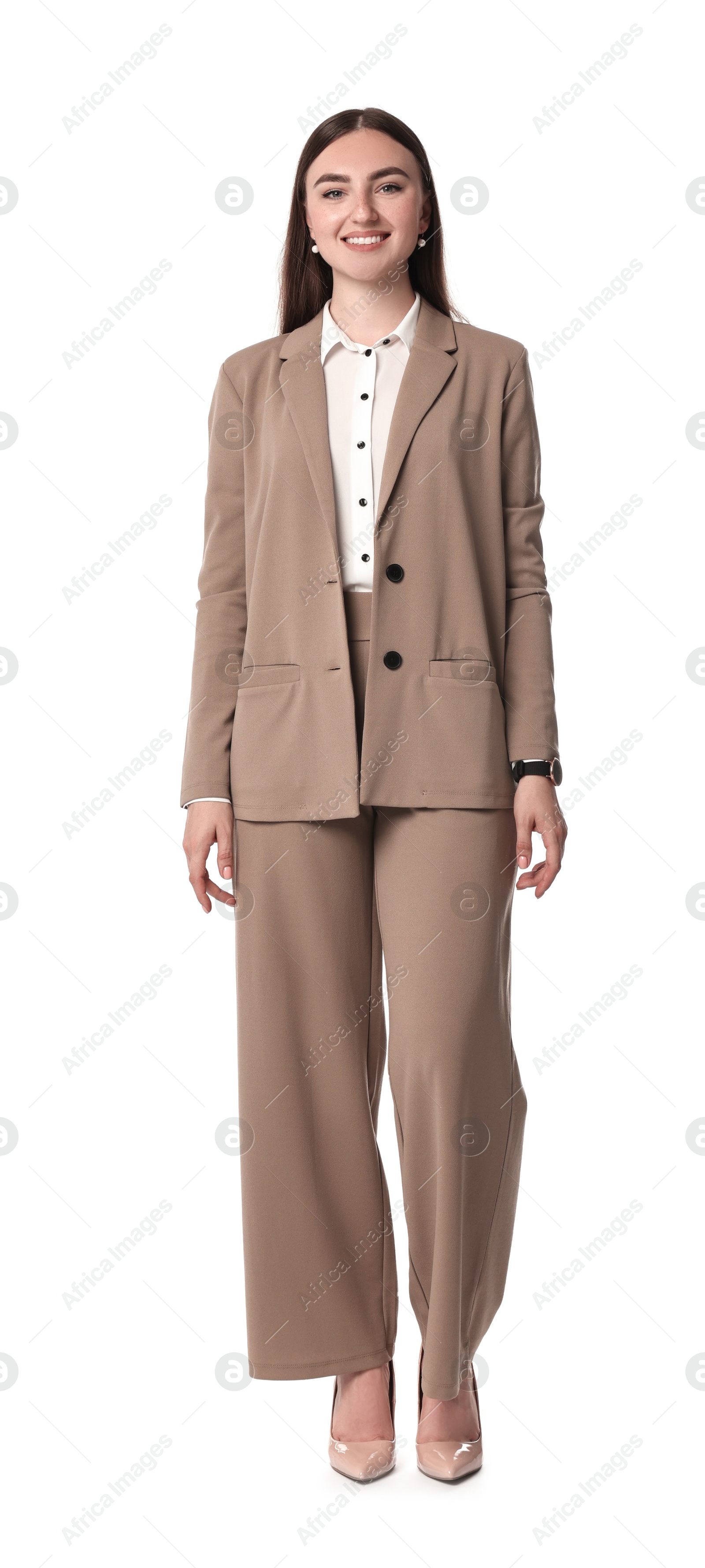 Photo of Beautiful woman in beige suit on white background