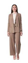 Beautiful woman in beige suit on white background