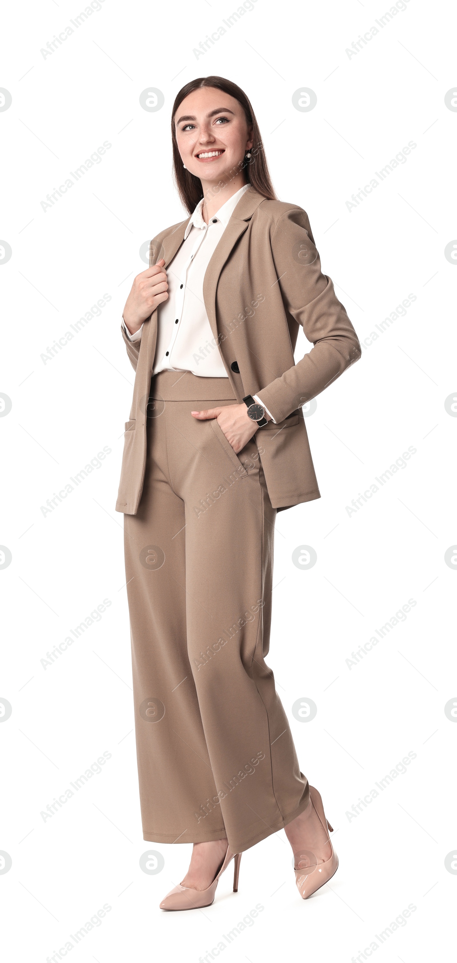 Photo of Beautiful woman in beige suit on white background