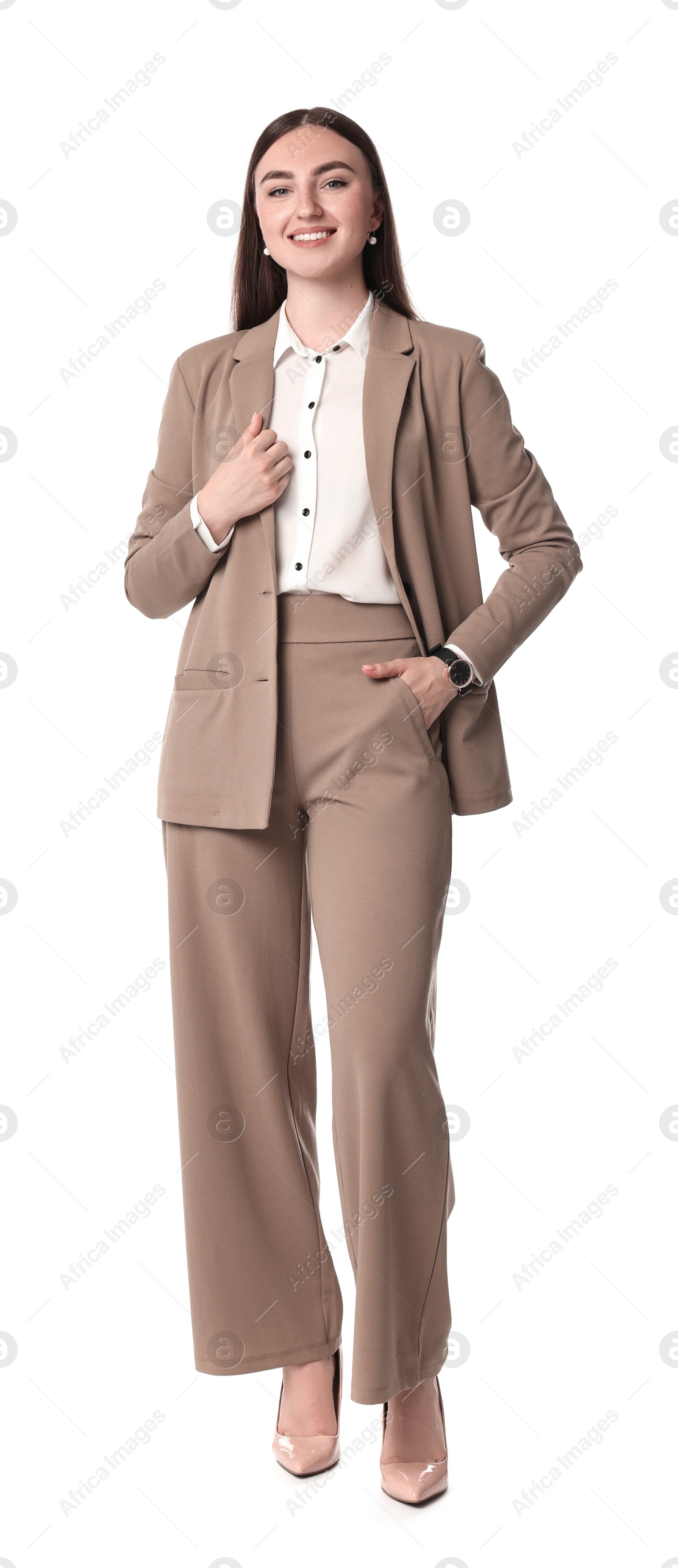 Photo of Beautiful woman in beige suit on white background