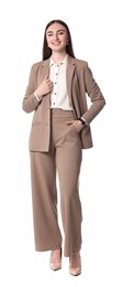 Beautiful woman in beige suit on white background