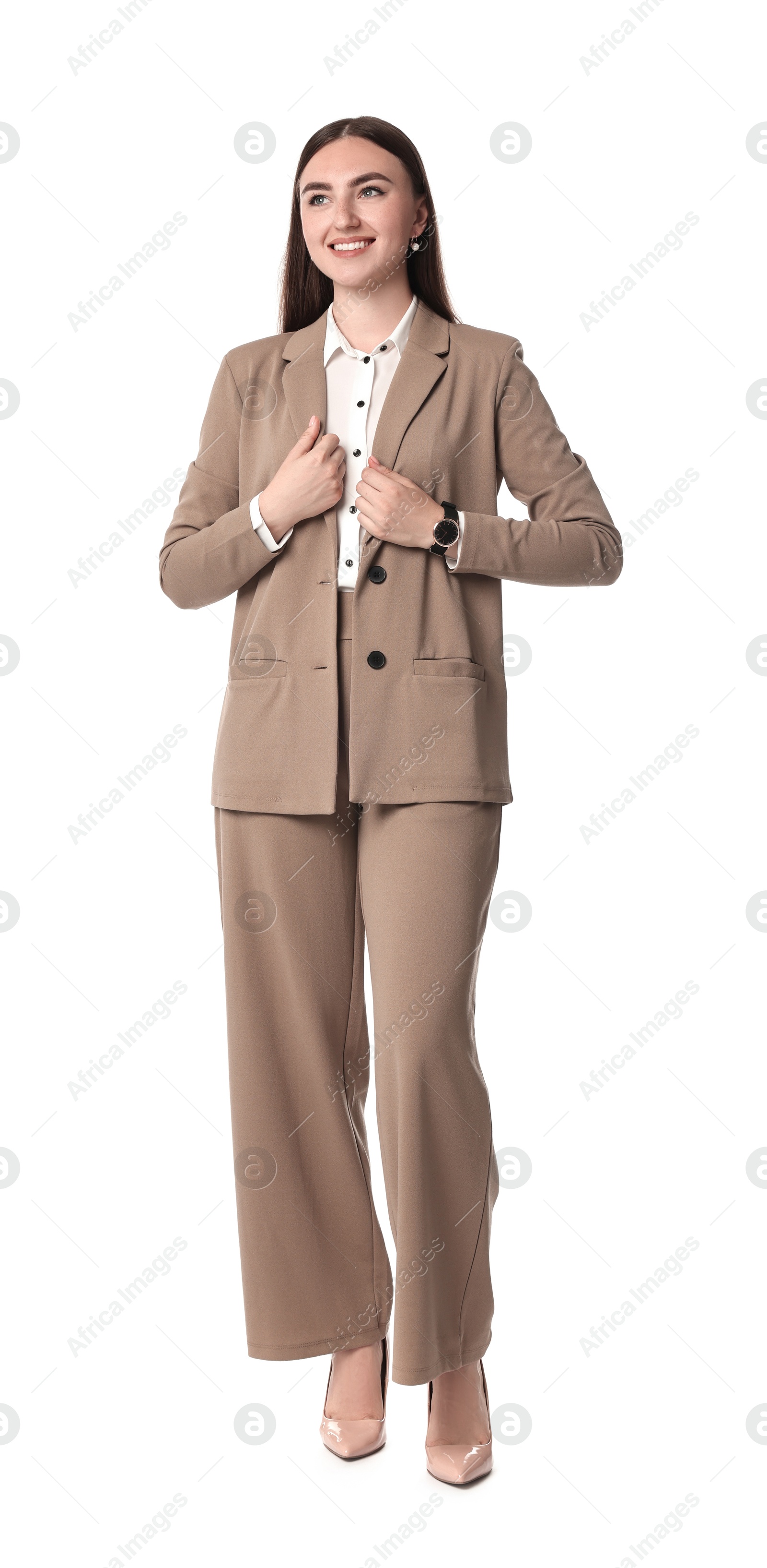 Photo of Beautiful woman in beige suit on white background