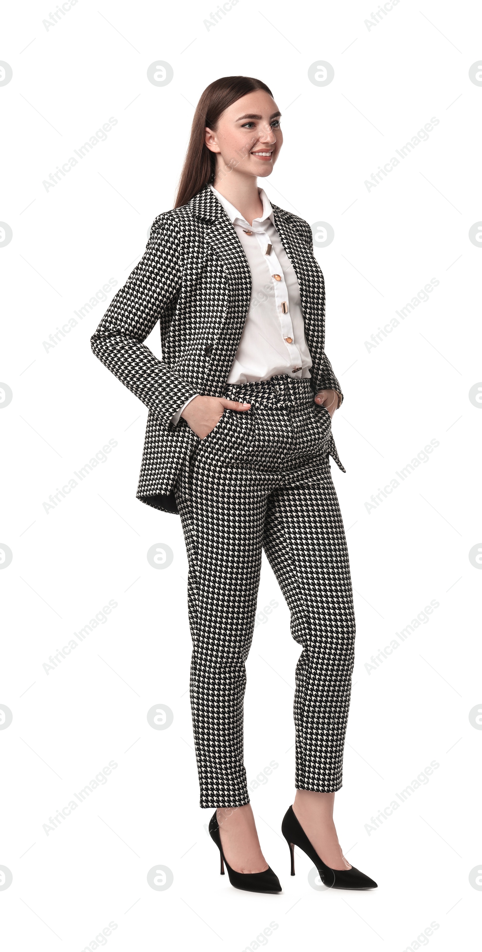 Photo of Beautiful woman in stylish suit on white background