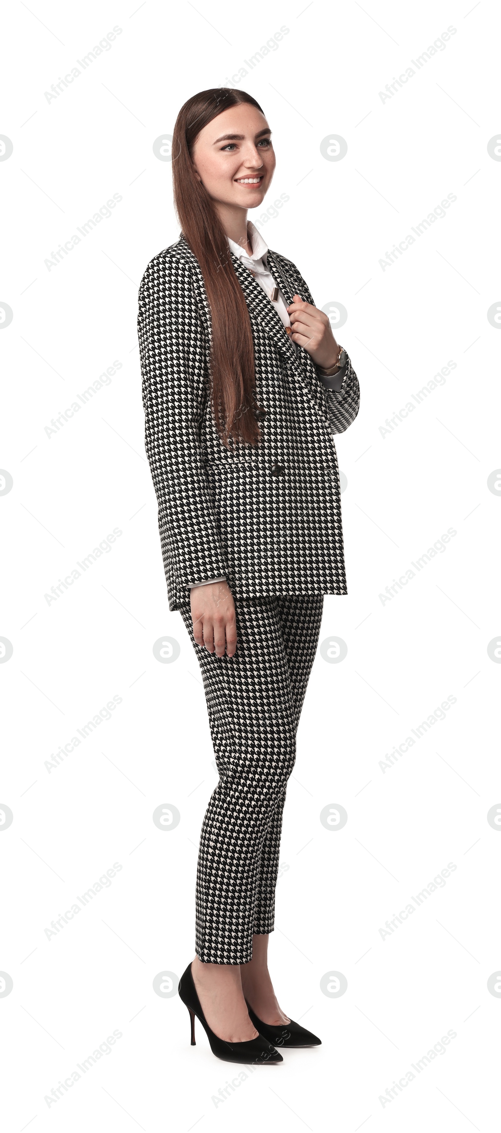 Photo of Beautiful woman in stylish suit on white background