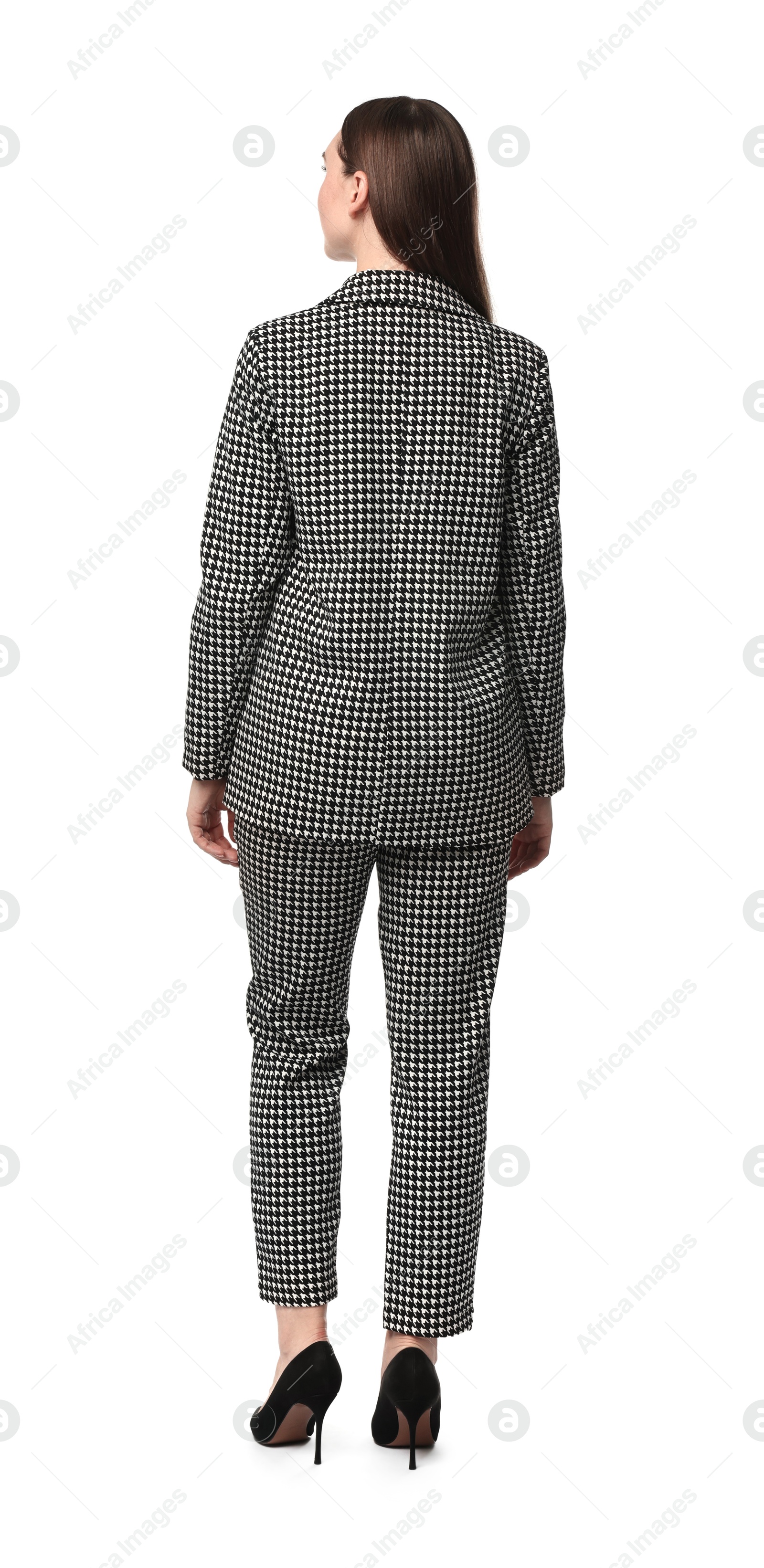 Photo of Woman in stylish suit on white background, back view