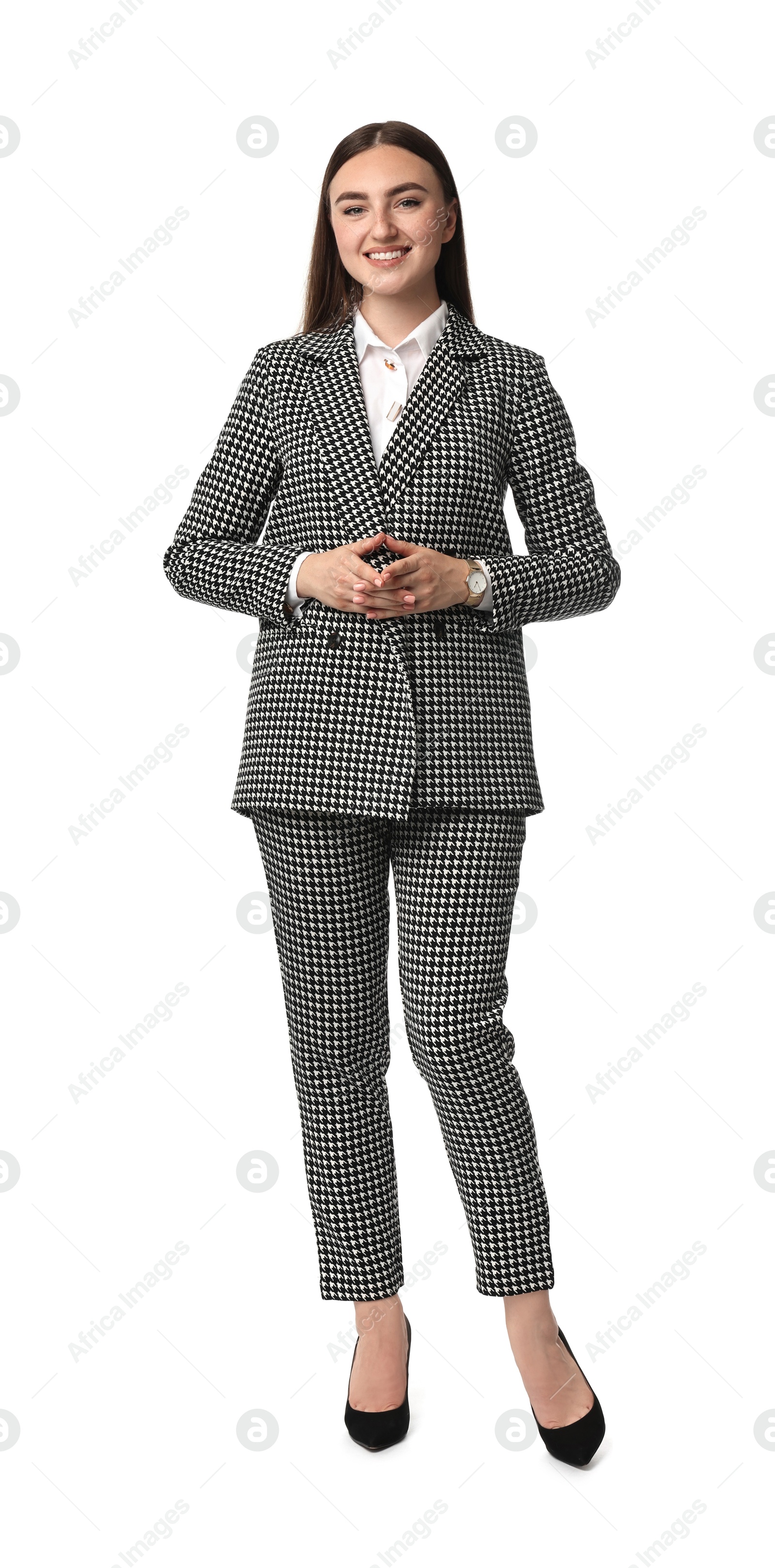 Photo of Beautiful woman in stylish suit on white background