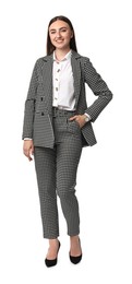 Photo of Beautiful woman in stylish suit on white background