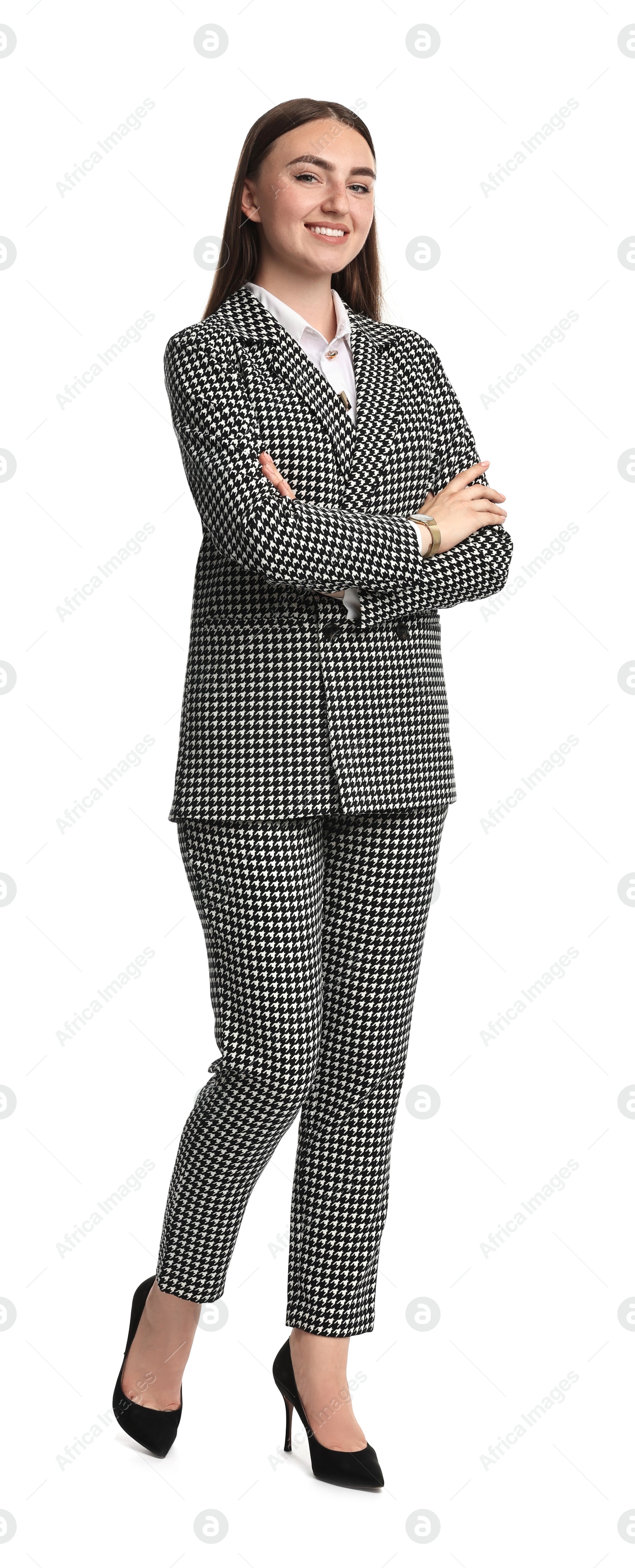 Photo of Beautiful woman in stylish suit on white background