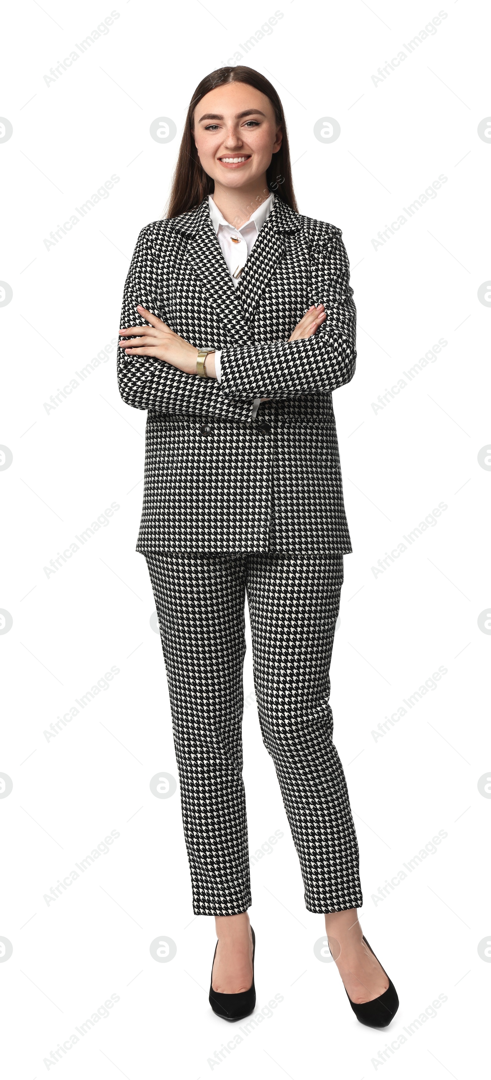 Photo of Beautiful woman in stylish suit on white background