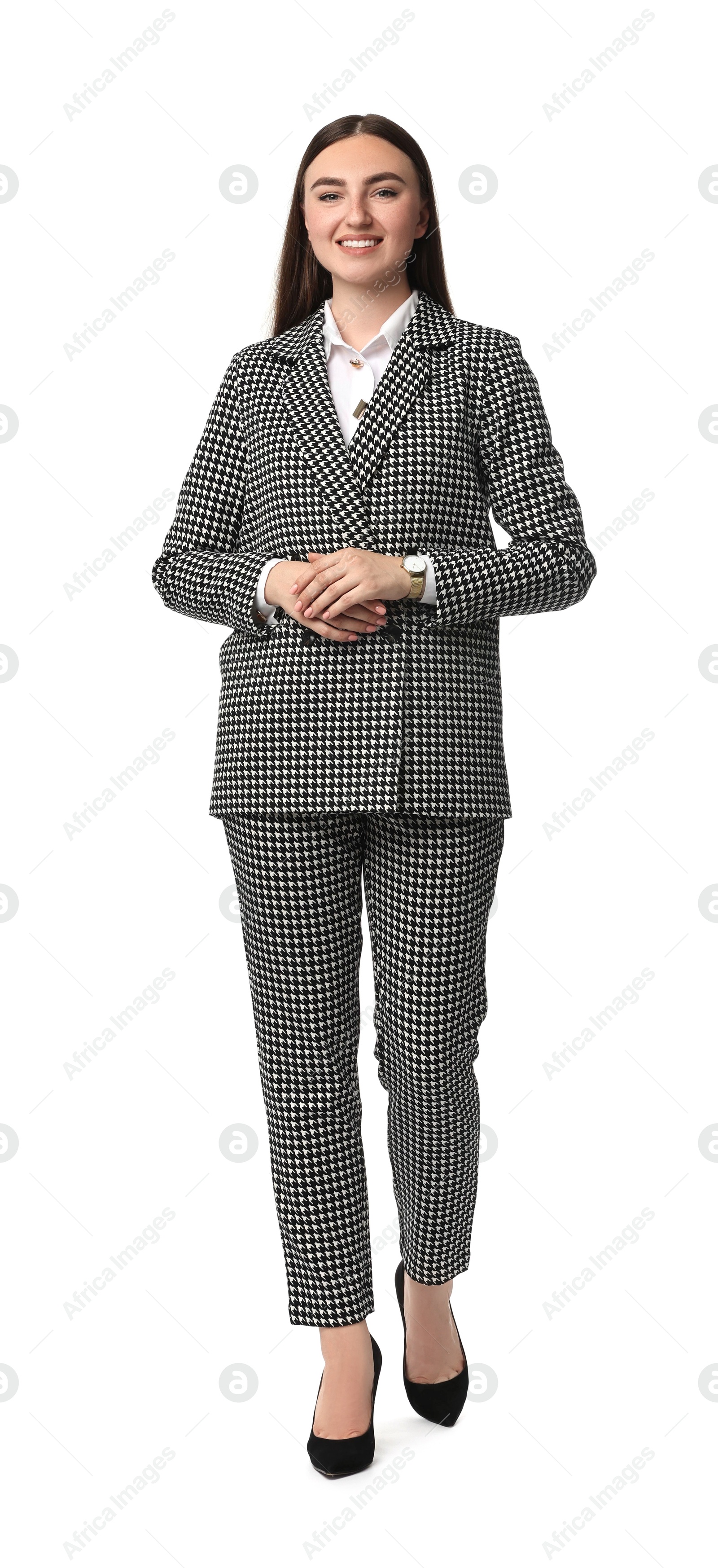 Photo of Beautiful woman in stylish suit on white background