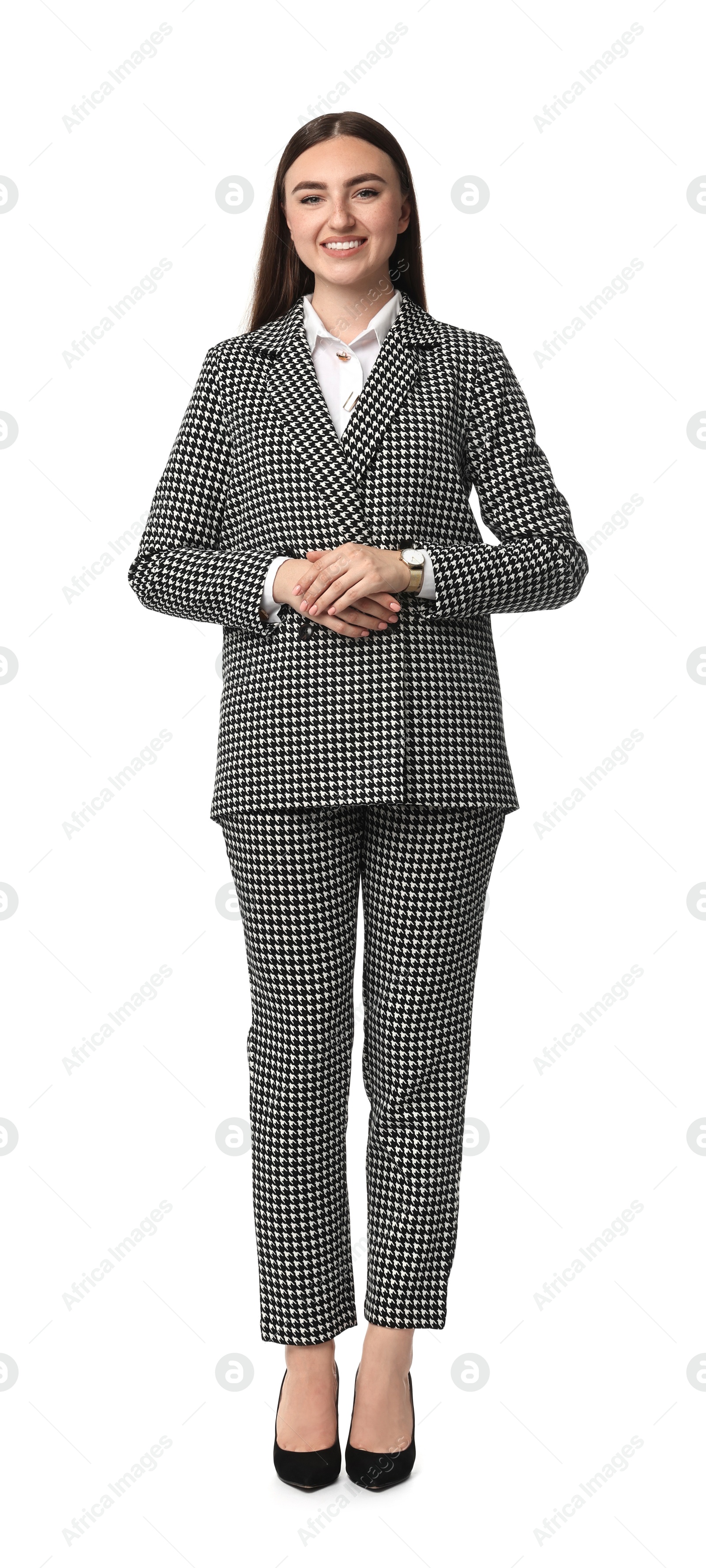 Photo of Beautiful woman in stylish suit on white background