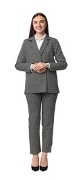 Photo of Beautiful woman in stylish suit on white background