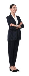 Photo of Beautiful woman in black striped suit on white background